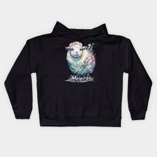 Sheep with Flower Crown: Scattered Watercolor in Pastel Colors Kids Hoodie